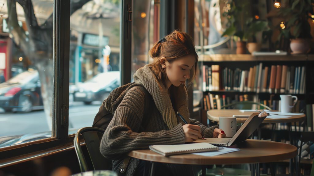 Woman in a coffee shop reading a book and taking notes